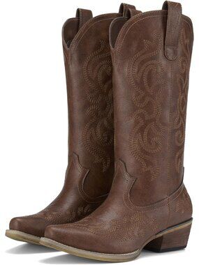 Women's Western Cowgirl Boots Bronze Chunky Heel Ladies Snip Toe Mid-Calf Boots